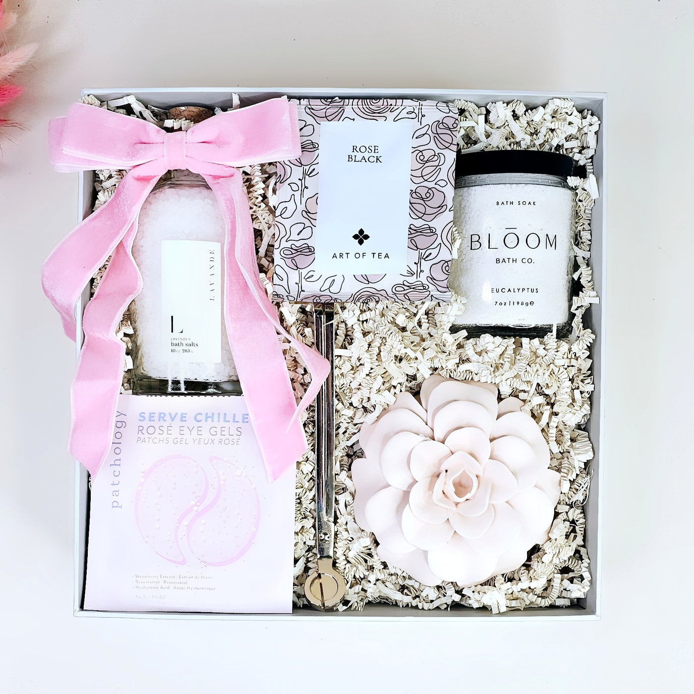 Rose & Eucalyptus Spa Gift Box – Relaxation Gift for Her, Self-Care Set with Tea, Bath Soaks & Candle