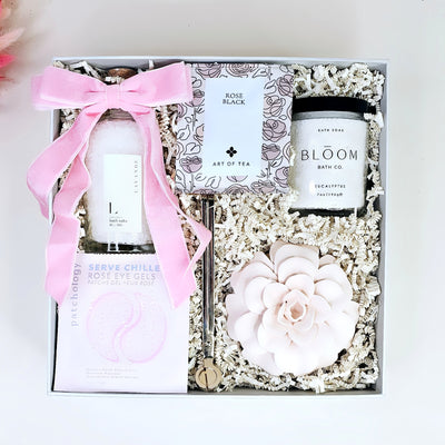 Rose & Eucalyptus Spa Gift Box – Relaxation Gift for Her, Self-Care Set with Tea, Bath Soaks & Candle