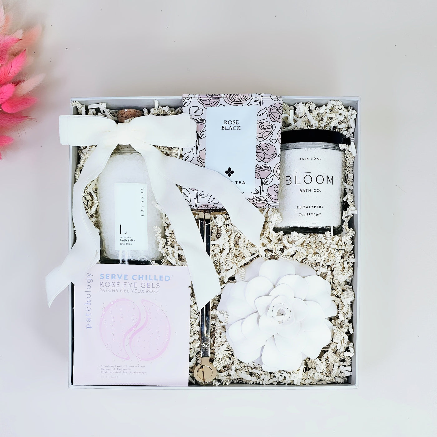 Rose & Eucalyptus Spa Gift Box – Relaxation Gift for Her, Self-Care Set with Tea, Bath Soaks & Candle