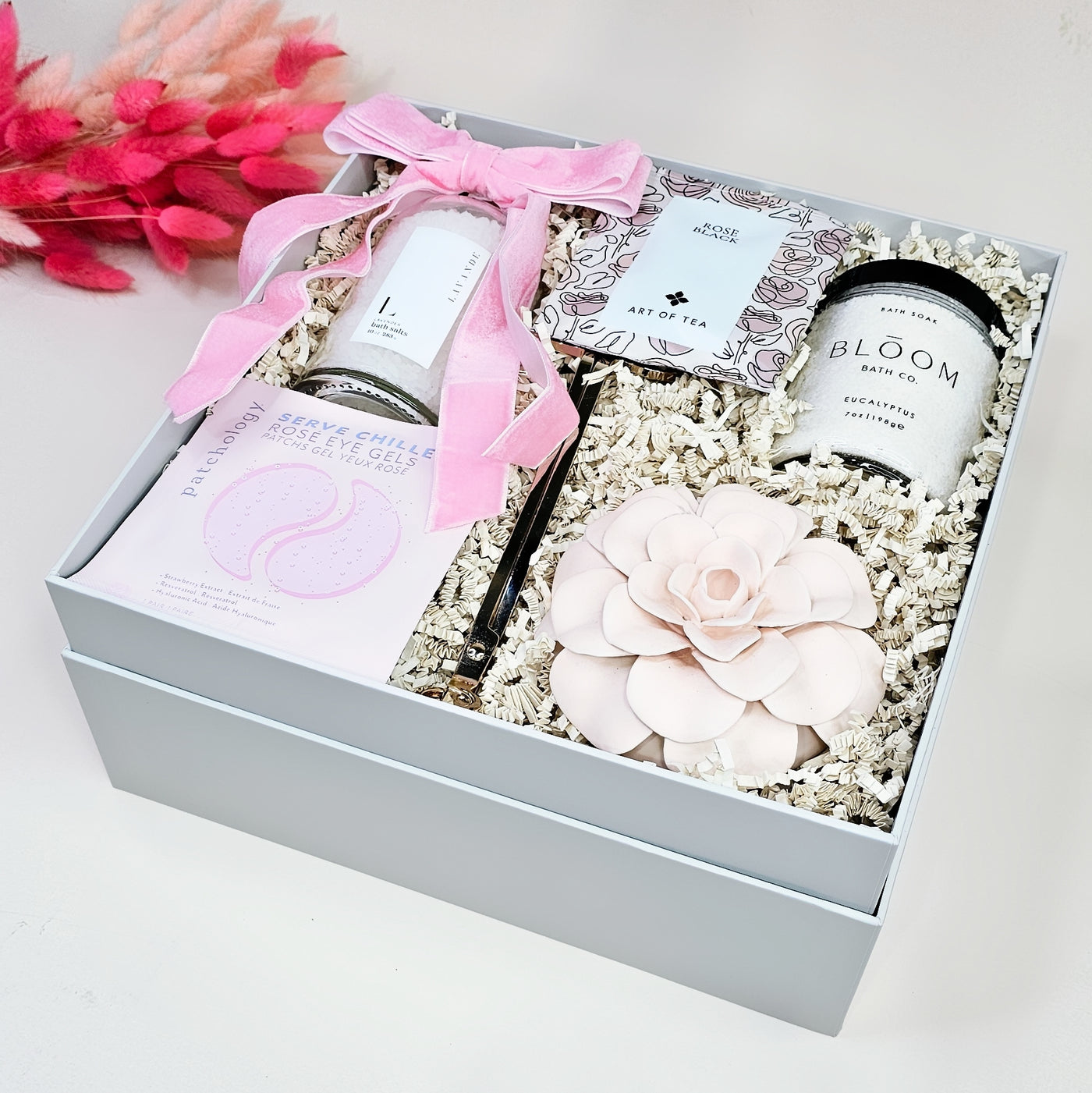 Rose & Eucalyptus Spa Gift Box – Relaxation Gift for Her, Self-Care Set with Tea, Bath Soaks & Candle