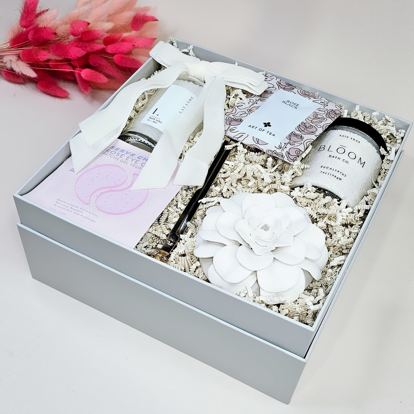 Rose & Eucalyptus Spa Gift Box – Relaxation Gift for Her, Self-Care Set with Tea, Bath Soaks & Candle
