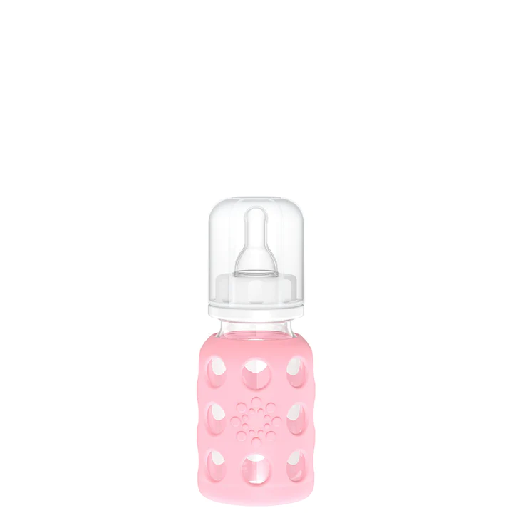 4oz Glass Baby Bottle w/Stage 1 Nipple, Stopper, and Cap  Pink